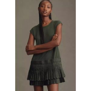 NWT Anthropologie Daily Practice Solid Set Pleated Mini Dress, Dark Green, S